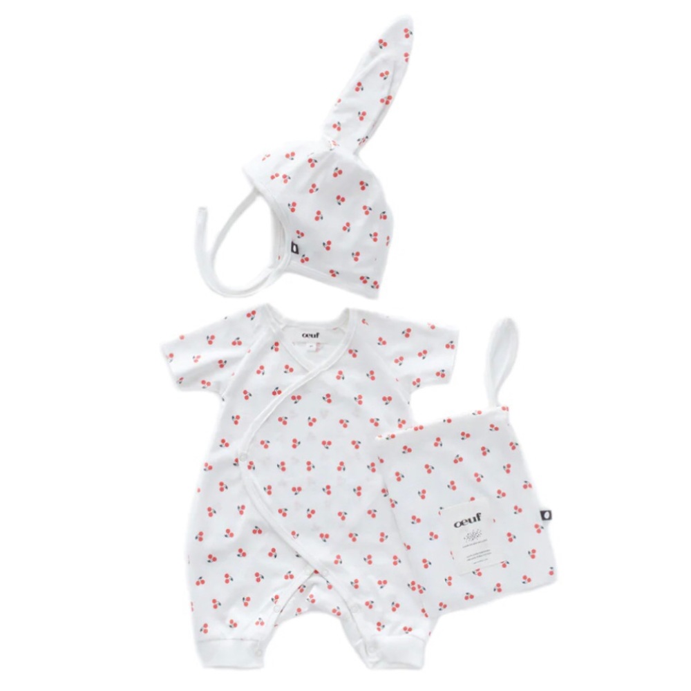 NEW Oeuf 0-3m Cherry Kimono Romper And Bunny Bonnet